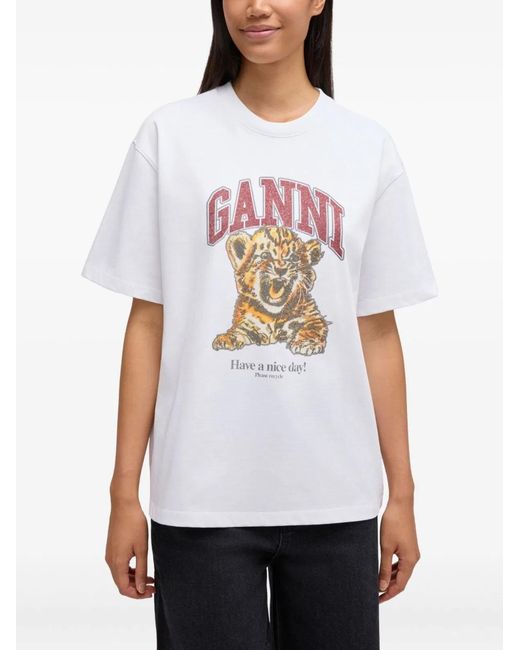 Ganni White Beaded Tiger T-Shirt