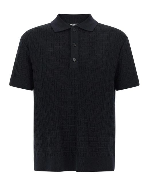 Balmain Black 'Monogram' Knit Polo Shirt for men