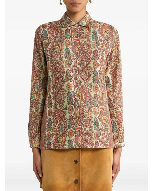 Etro Brown Paisley-Print Silk Blend Shirt