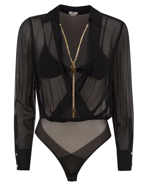 Elisabetta Franchi Black Voile Shirt Bodysuit With Jewel Necklace