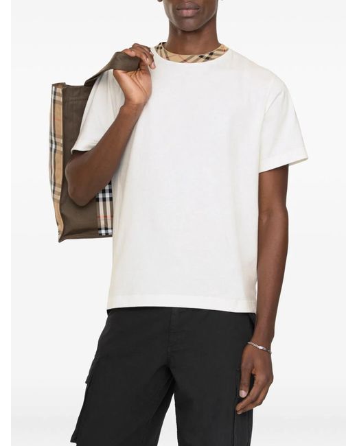 Burberry White Check Trim Cotton T-Shirt for men