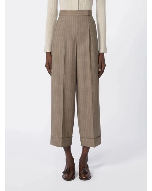 Max Mara Natural Pinstripe Wool Trousers