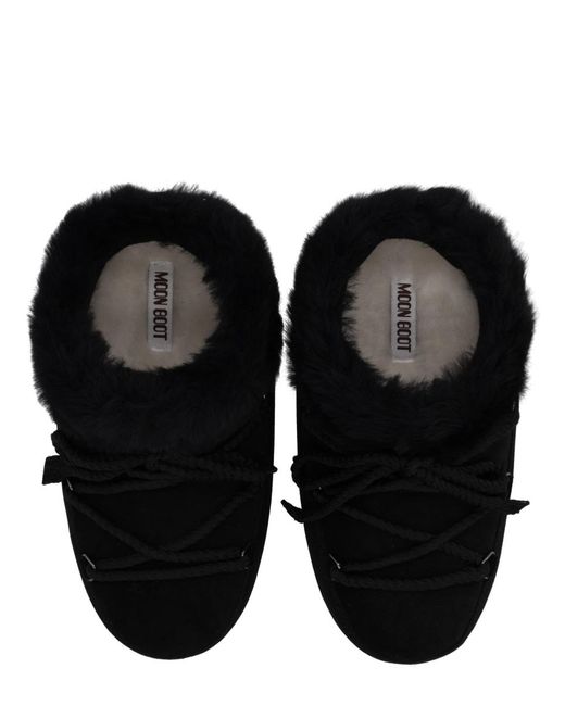 Moon Boot Black Evx Suede Mules With Sheepskin Trim