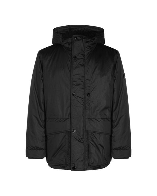 Stone Island Black Hooded Button-Up Coat for men