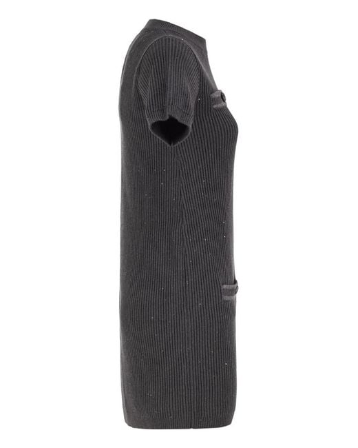 Brunello Cucinelli Black Ribbed Knit Dress With Sequins And Patch Pockets