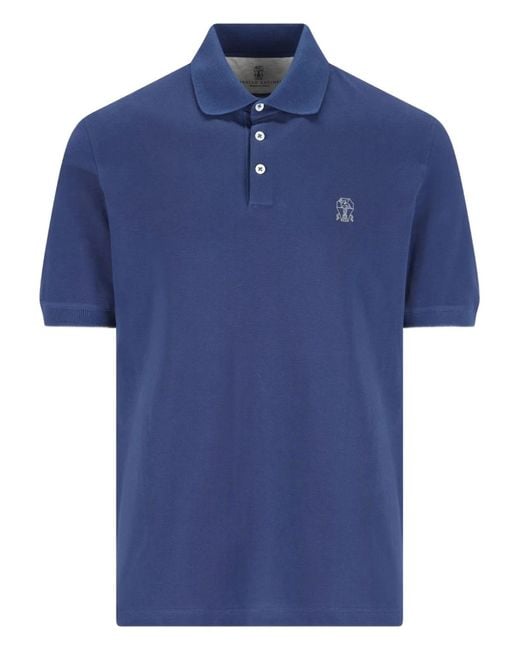 Brunello Cucinelli Blue Cotton Polo Shirt With Printed Logo for men