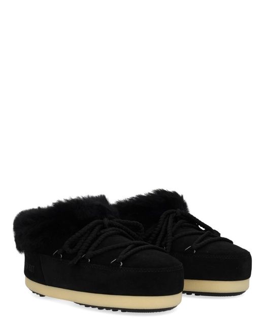 Moon Boot Black Evx Suede Mules With Sheepskin Trim