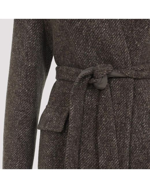 Brunello Cucinelli Brown Wool And Cashmere Diagonal Mélange Coat With Belt And Necklace