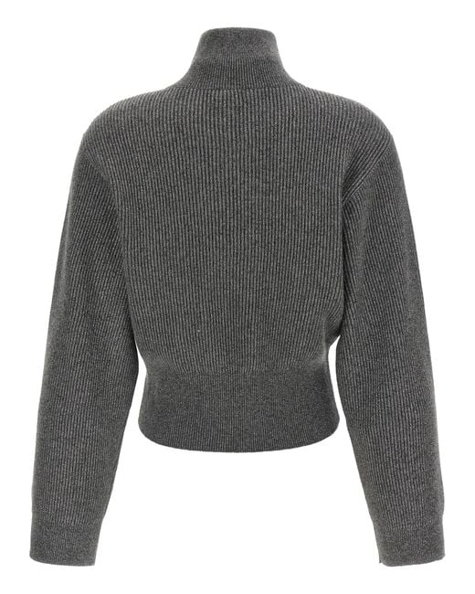 Brunello Cucinelli Gray Ribbed Cardigan With Leather Detail