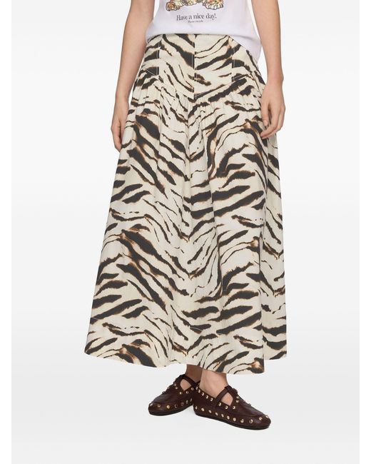 Ganni White Zebra-Print Gathered Maxi Skirt