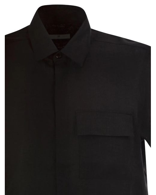 PT Torino Black Short-Sleeved Linen Shirt for men