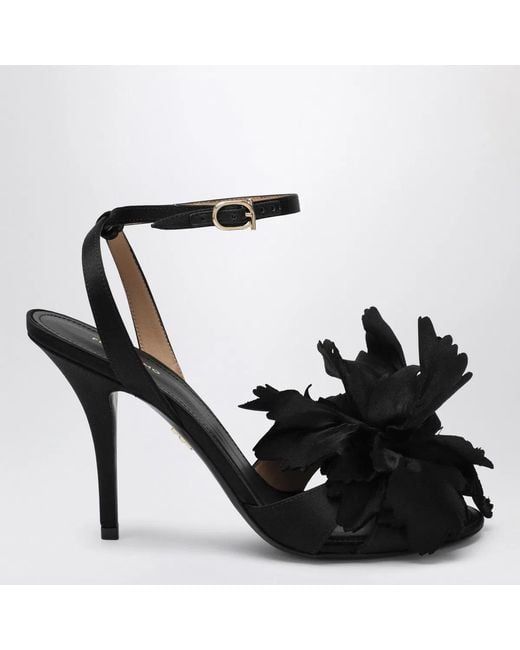 Ferragamo Black Satin Flower Sandals