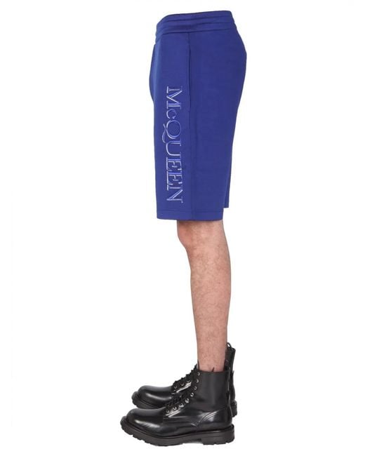 McQueen Blue Shorts With Embroidered Logo for men