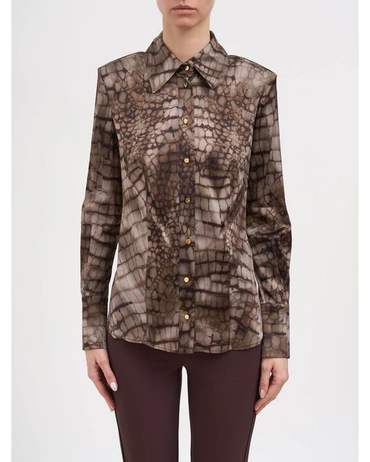 Elisabetta Franchi Brown Satin Shirt With Alligator Print