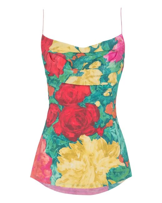 Balmain Green Crepe De Chine Top With Roses Print