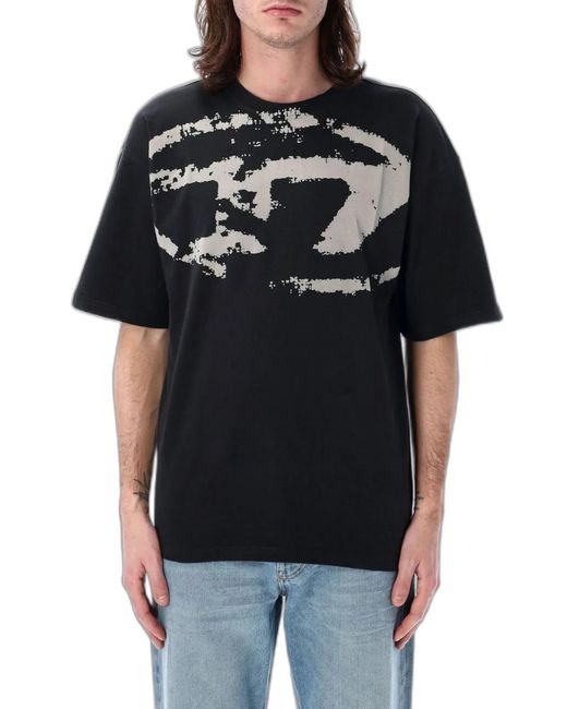 DIESEL Black T-Shirt With Distressed Flock Print for men