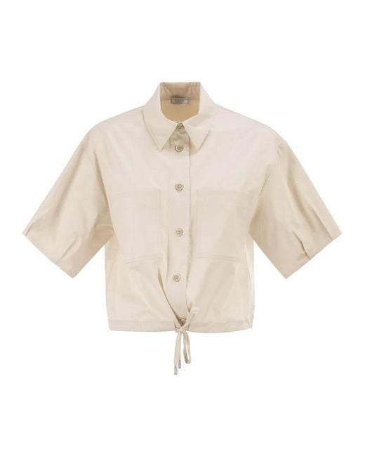 Peserico White Cropped Stretch Cotton Shirt With Drawstring