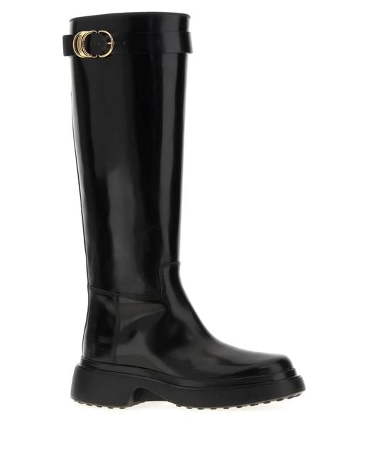 Tod's Black Gomma 74L Stivale Alto Anelli