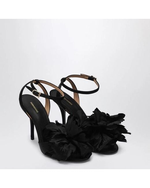 Ferragamo Black Satin Flower Sandals