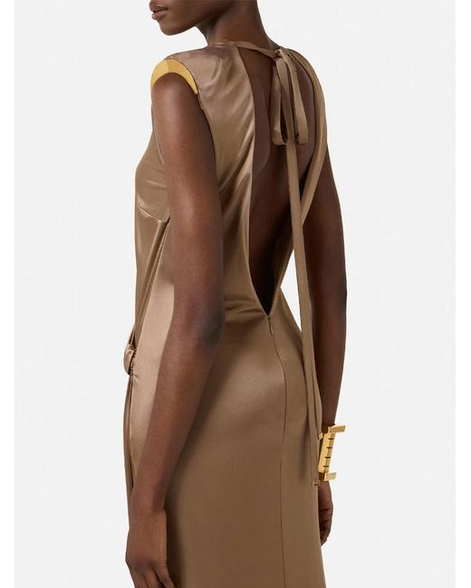Elisabetta Franchi Natural Carpet Shiny Viscose Jersey Long Dress With Side Slit