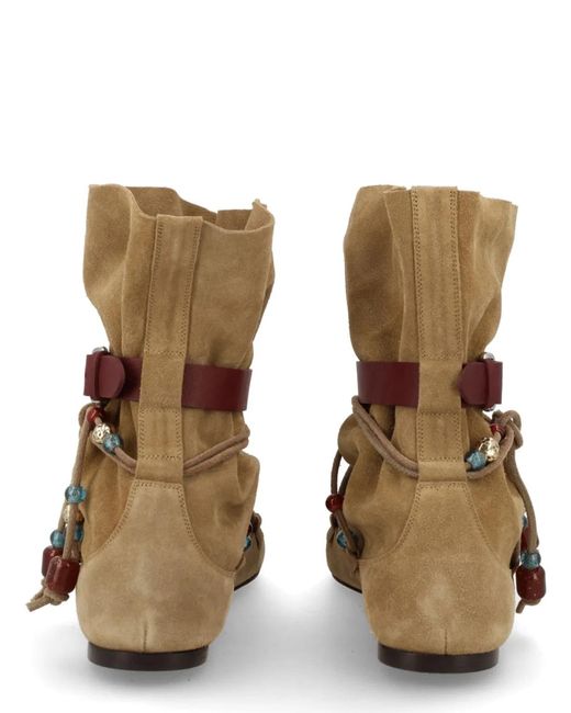 Isabel Marant Natural Suede Slouch Ankle Boots With Beaded Lace-Up Detail