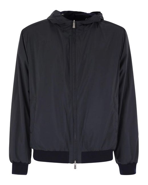 Fedeli Blue Reversible Bomber Jacket With Hood for men