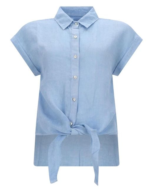 120% Lino Blue Camicia Con Nodo