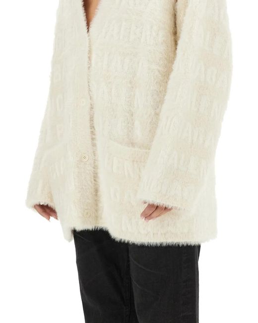 Balenciaga White Logo Jacquard Faux Fur Cardigan