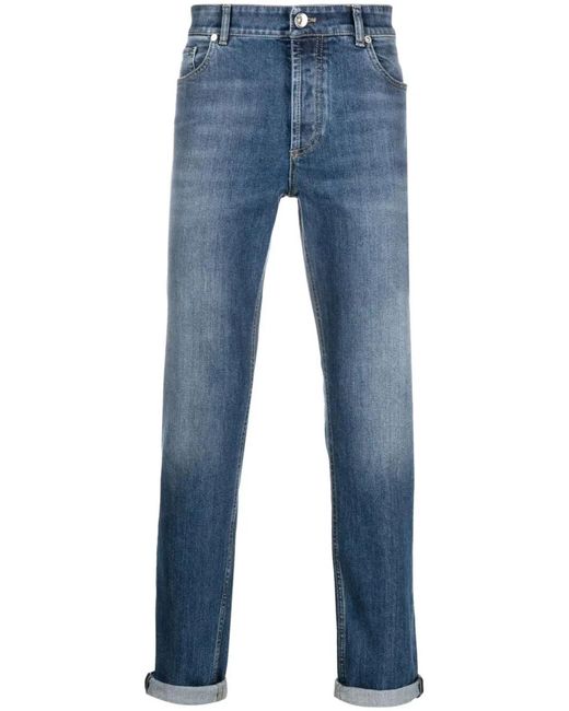Brunello Cucinelli Blue Traditional Fit Five-Pocket Trousers for men