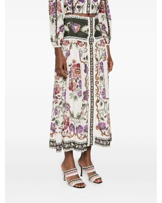 Farm Rio Multicolor Natural Skirt With Flowers And Buttons