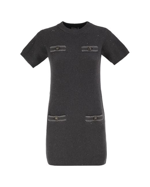 Brunello Cucinelli Black Ribbed Knit Dress With Sequins And Patch Pockets