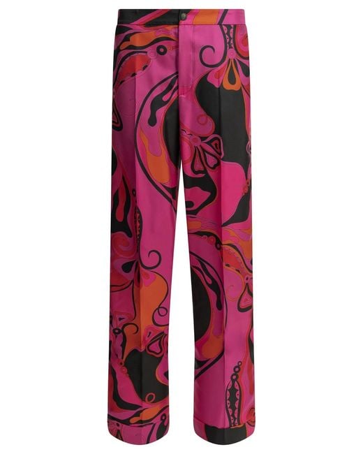 Emilio Pucci Red Orchidee Silk Acetate Polyester Casual Pants