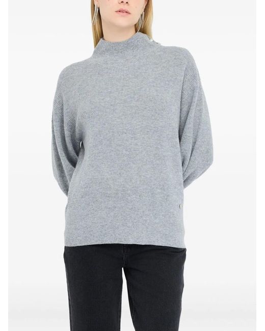 Liu Jo Gray Pearl Embellished Puff Sweater