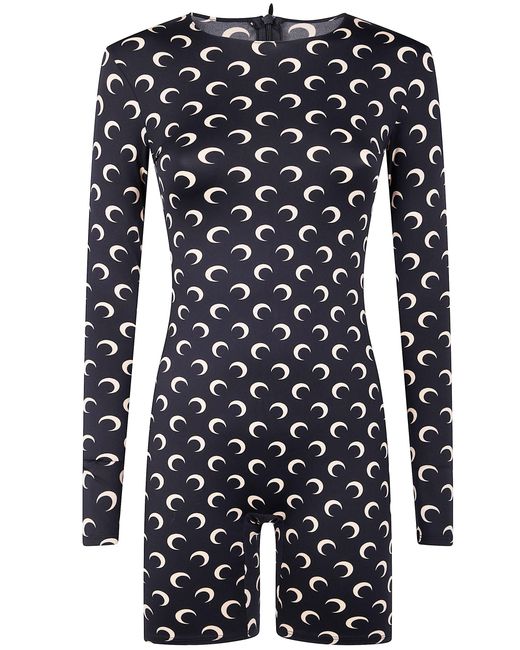 MARINE SERRE Black "Moon" Printed Jersey Long Sleeves Short Catsuit