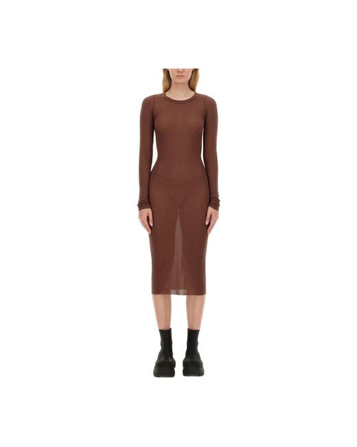 Rick Owens Brown Rib-Knit Dress.Natural Cocoa Color.Slightly Sheer.Raw-Cut Collar And Cuff Hem.Signature Stitching Along The Spine.Made