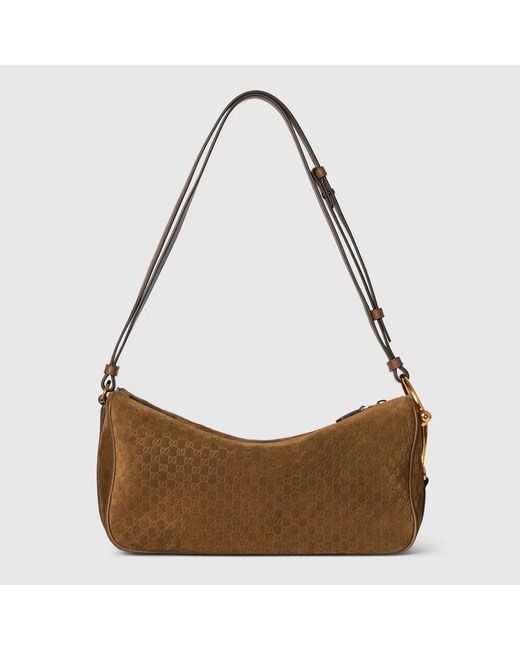 Gucci Brown Caramel Suede Medium Half Horsebit Shoulder Bag