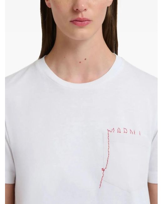 Marni White Cotton T-Shirt With Embroidered Logo