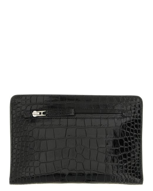 Tom Ford Black Croc Print Leather Clutch Bag for men