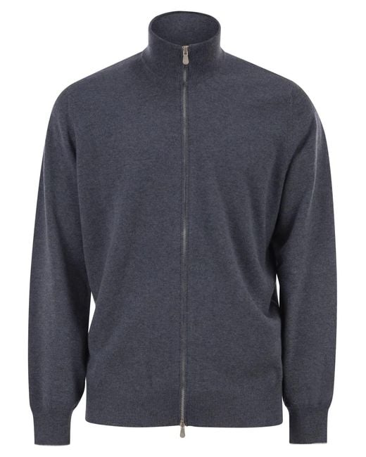 Brunello Cucinelli Blue High-Necked Cashmere Cardigan With Zip for men