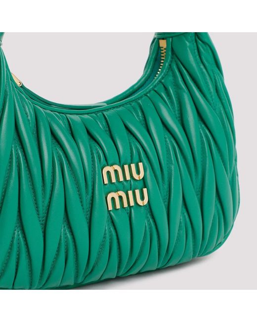 Miu Miu Green Mango Leather Miu Wander Matelassé Hobo Bag