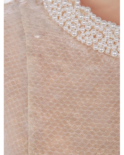 Self-Portrait Natural Sequin Pearl Trim Midi Dress