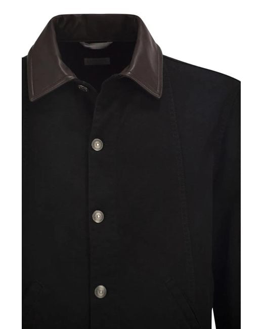 Brunello Cucinelli Black Lightweight Garment-Dyed Cotton Denim Jacket With Leather Collar for men