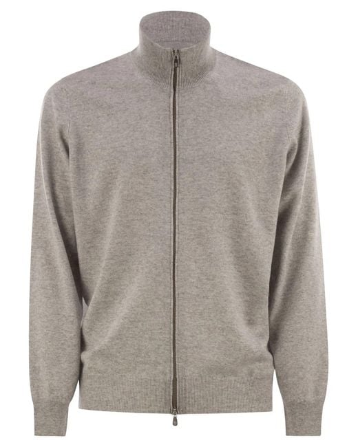 Brunello Cucinelli Gray High-Necked Cashmere Cardigan With Zip for men