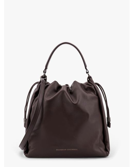 Brunello Cucinelli Brown Mellow Bucket Leather Handbag With Monili Detail