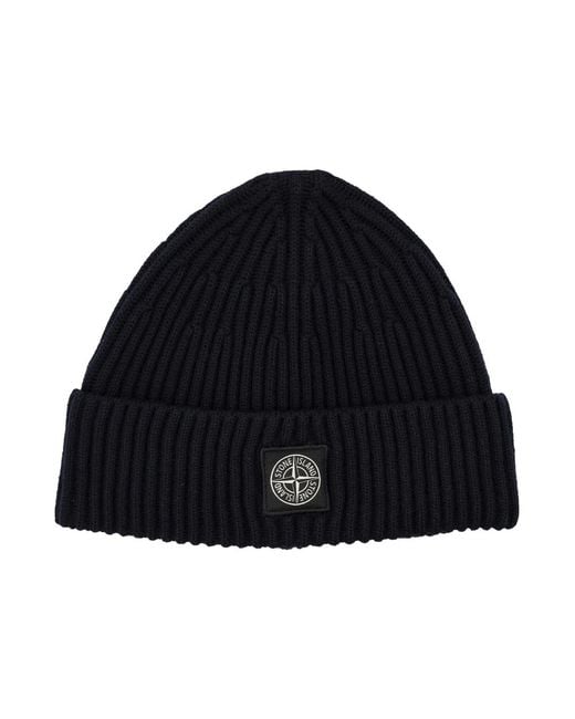 Stone Island Blue Wool Beanie With Compass Patch for men