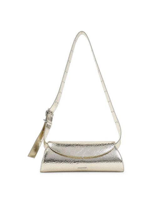 Jil Sander White Platinum Cannolo Small Ovine Leather Shoulder Bag