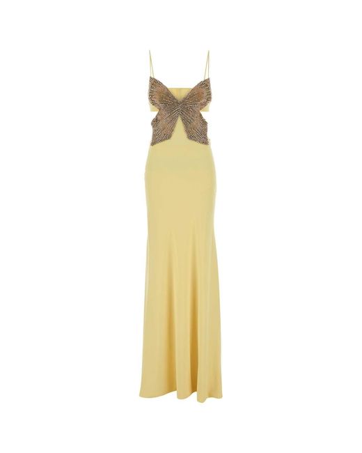 Costarellos Metallic Pastel Yellow Crepe Azmira Long Dress