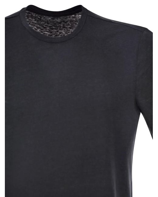 Majestic Black Stretch Linen T-Shirt With Round Neckline for men