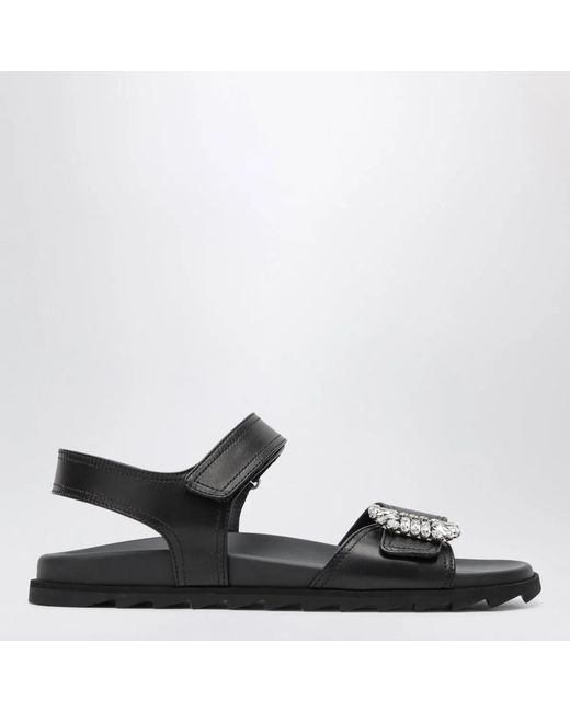 Roger Vivier Black Leather Sandals With Crystal Buckle