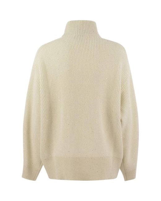 Brunello Cucinelli Natural Wool And Cashmere Rib Sweater With Sequins